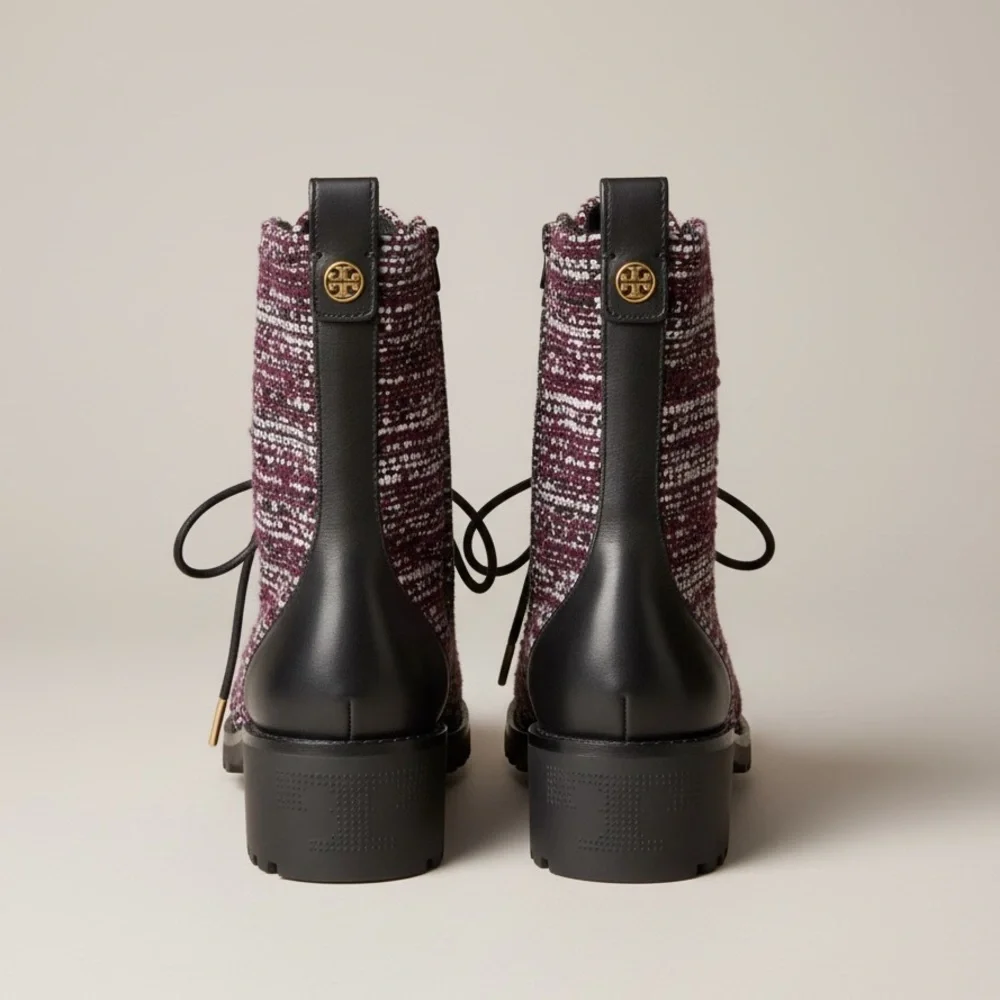 TORY BURCH Burgundy Tweed Lace-Up Lug Boots